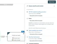 The panel of the step Assess severity and contain beside a process map in M-Files, listing the complaint-handling procedure, a note on severity, the open complaints by severity and a link that starts a new non-conformance.