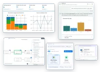 Several CtrlDocs add-ons side by side: a CtrlPortals dashboard with figures and charts, a CtrlScout answer with a bar chart, a CtrlProcesses process map with a step open, the CtrlShare dialog for opening a document in Office or the browser, and a CtrlConnect card for an M-Files link in a Teams chat.